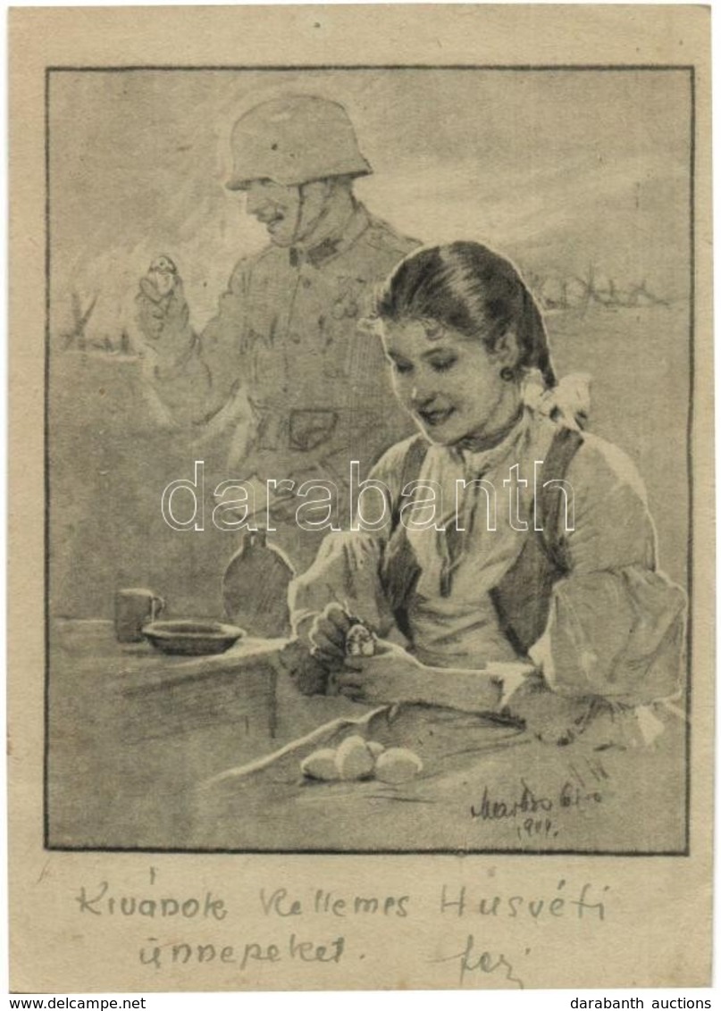 1944 Kézzel Rajzolt Katonatiszt Tábori Posta Levelez?lap, 2 Db / WWII Hungarian Military, 2 Hand-drawn Art Postcard. - Sin Clasificación