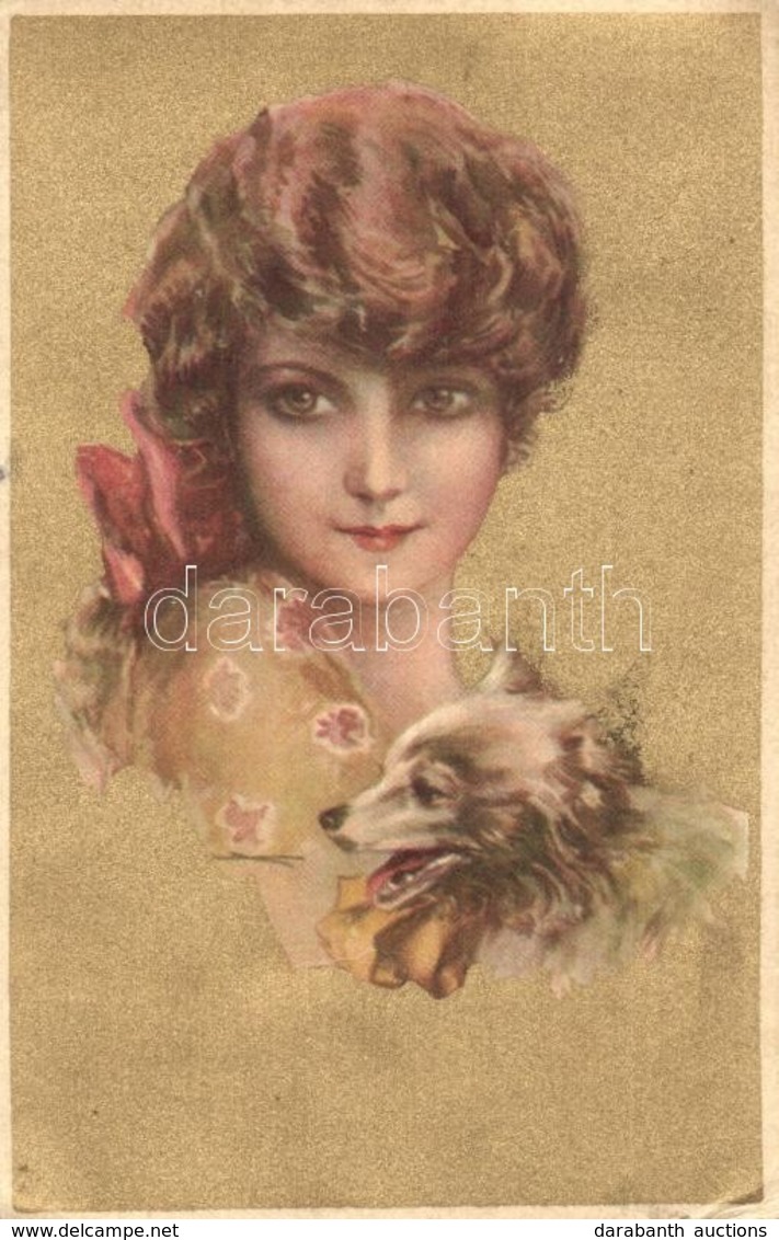T3 Golden Italian Art Postcard, Lady With Dog, Anna & Gasparini No. 124-2. (ázott Sarok / Wet Corner) - Sin Clasificación