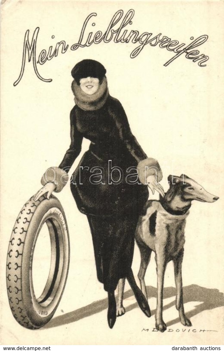 ** T2/T3 Mein Lieblingsreifen / My Favorite Tyres. Pirelli Italian Tires Advertisement Art Postcard With Lady And Greyho - Sin Clasificación