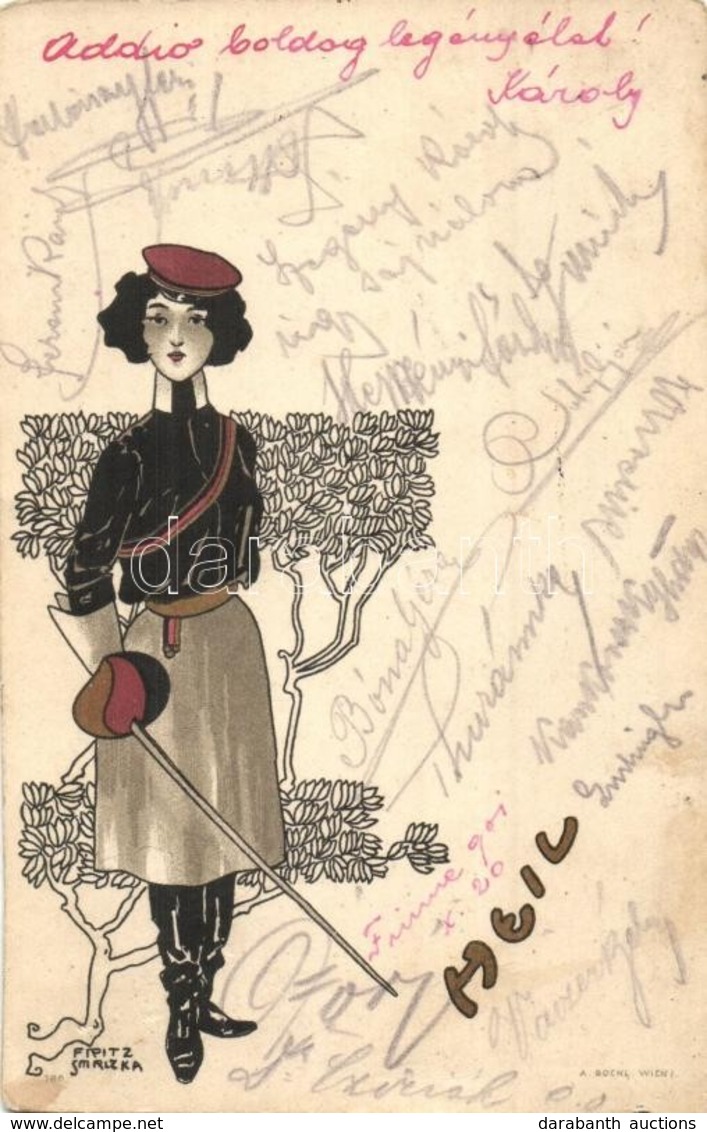 T3/T4 Heil / Mensur, Academic Fencing Lady. Art Nouveau, Studentica, A. Sockl, Wien I. 188. Litho S: Fritz Smrlzka (hián - Sin Clasificación