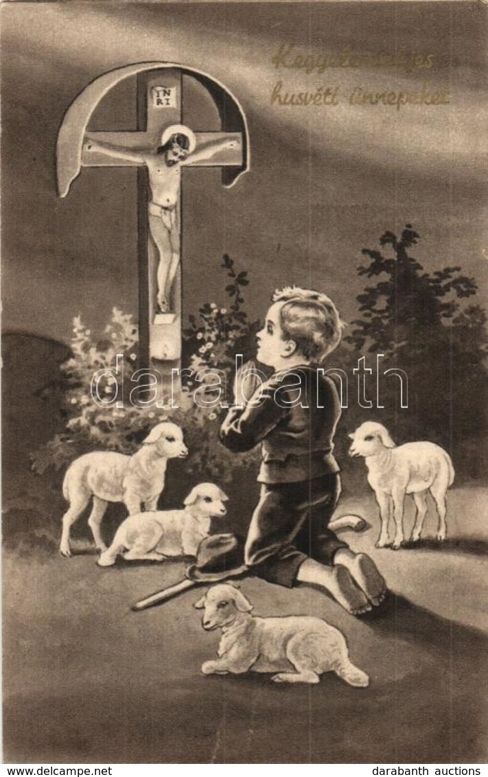 T3 'Kegyelemteljes Húsvéti ünnepeket' / Easter Greeting Postcard, Lamb, Boy (fa) - Unclassified