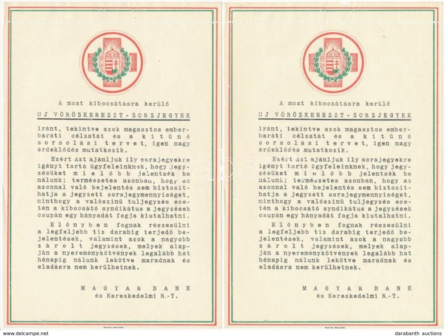 ~1930. A Magyar Bank és Kereskedelmi R.T. Tájékoztatója Az 'Új Vöröskereszt-Sorsjegyek' Jegyzésével Kapcsolatban (4x) T: - Unclassified