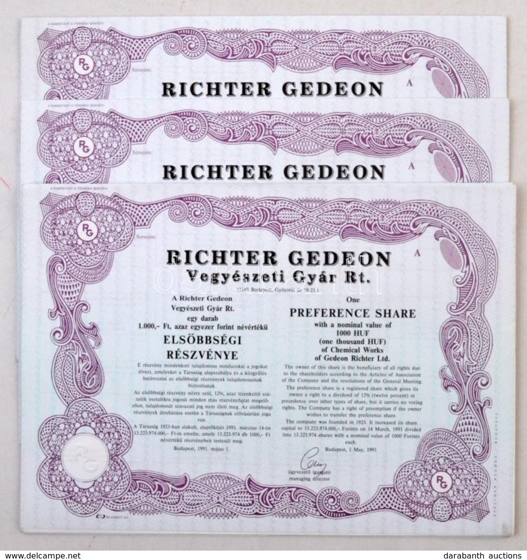 Budapest 1991. 'Richter Gedeon Vegyészeti Gyár Rt.' Kitöltetlen, Els?bbségi Részvény 1000Ft-ról (12x) Szárazpecséttel, S - Ohne Zuordnung