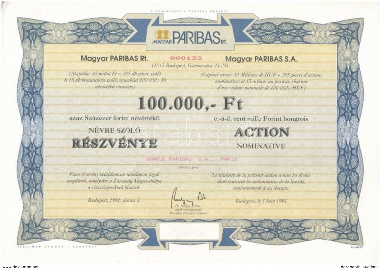 Budapest 1991. 'Magyar Paribas Rt.' Névre Szóló Részvénye 100.000Ft-ról, Szárazpecséttel, Szelvényekkel + Veszprém 1991. - Unclassified