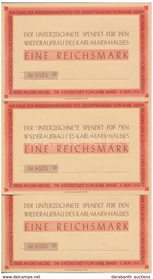 NSZK 1947. 'A Karl Marx Ház újjáépítésére' Kitöltetlen Téglajegy (3x) Sorszámkövet?k T:I
FRG 1947. 'Wiederaufbau Des Kar - Sin Clasificación