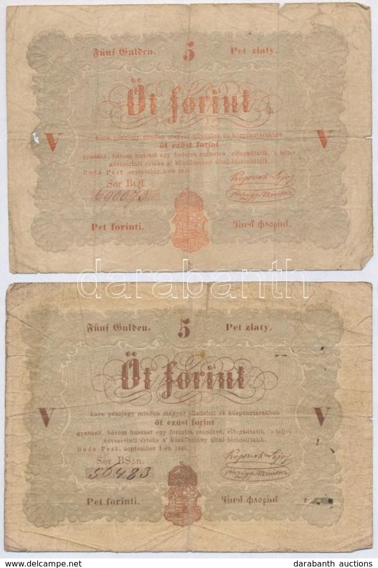 1848. 5Ft 'Kossuth Bankó' (2x) Egyik Vörösesbarna, Másik Barna Nyomat T:III- Ly.
Adamo G109 - Sin Clasificación