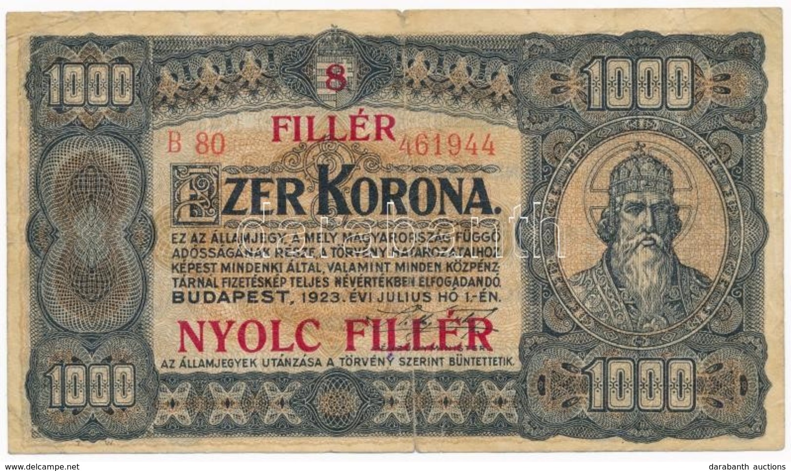 1923. 1000K '8 FILLÉR - NYOLC FILLÉR' Felülnyomással T:III-
Adamo K37B - Ohne Zuordnung