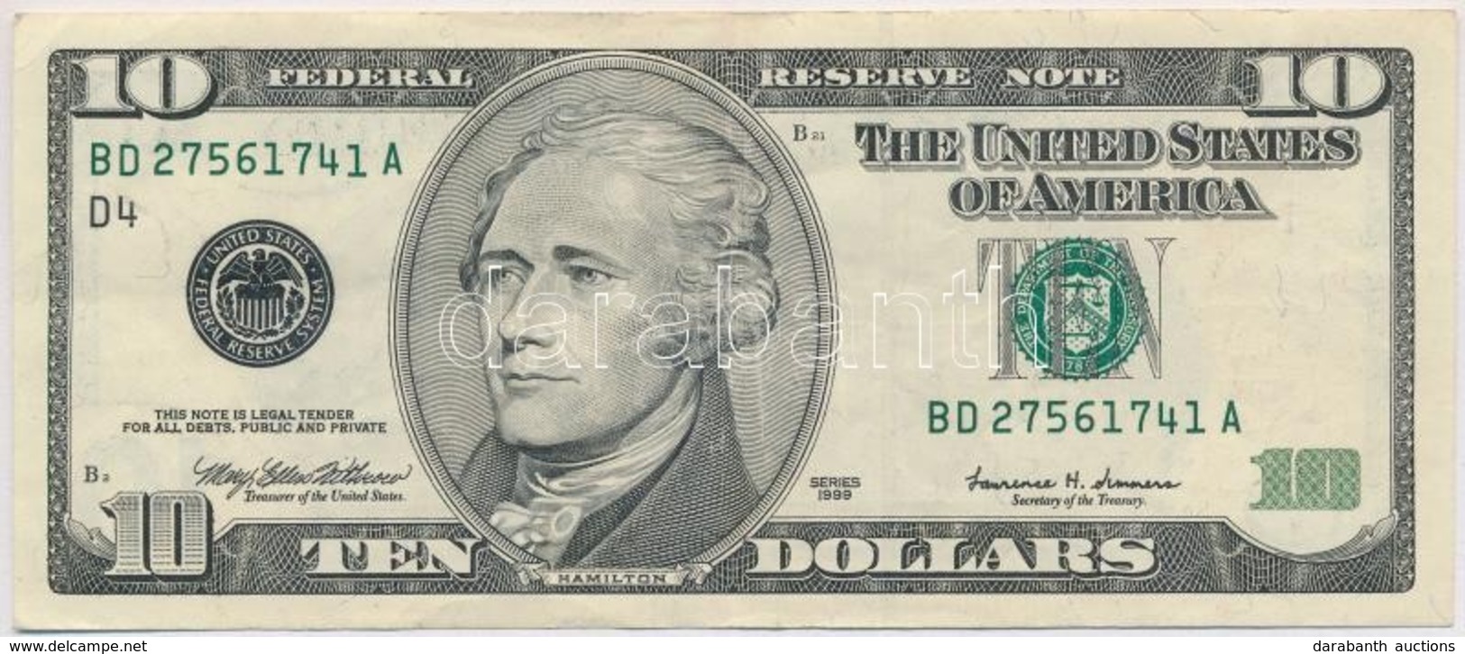 Amerikai Egyesült Államok 1999-2001. (1999) 10$ 'Federal Reserve Note' 'Mary Ellen Withrow - Lawrence H. Summers' T:III
 - Sin Clasificación