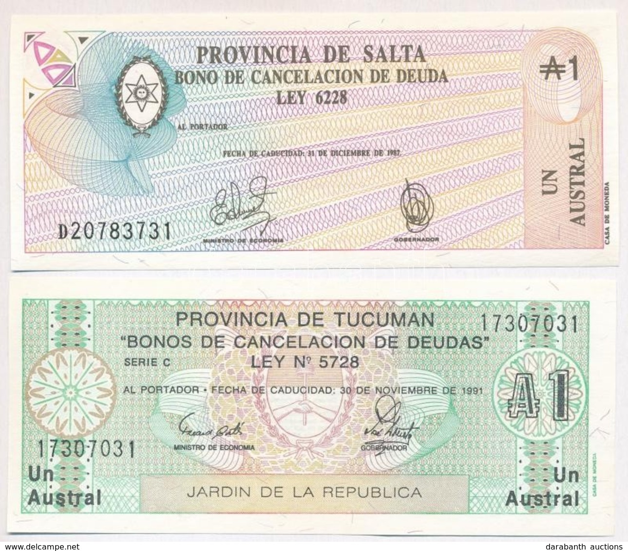 Argentina / Salta 1987. 1A + Tucuman 1991. 1A T:I,I-
Argentina / Salta 1987. 1 Austral + Tucuman 1991. 1 Austral C:UNC,A - Sin Clasificación