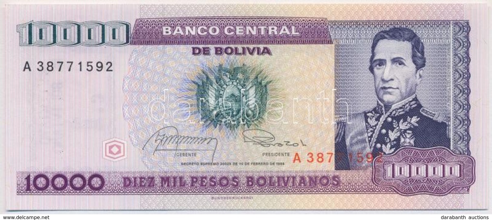 Bolívia 1984. 10.000P '1 Centavo' Felülbélyegzéssel T:I
Bolivia 1984. 10.000 Pesos With '1 Centavo' Overprint  C:UNC - Sin Clasificación