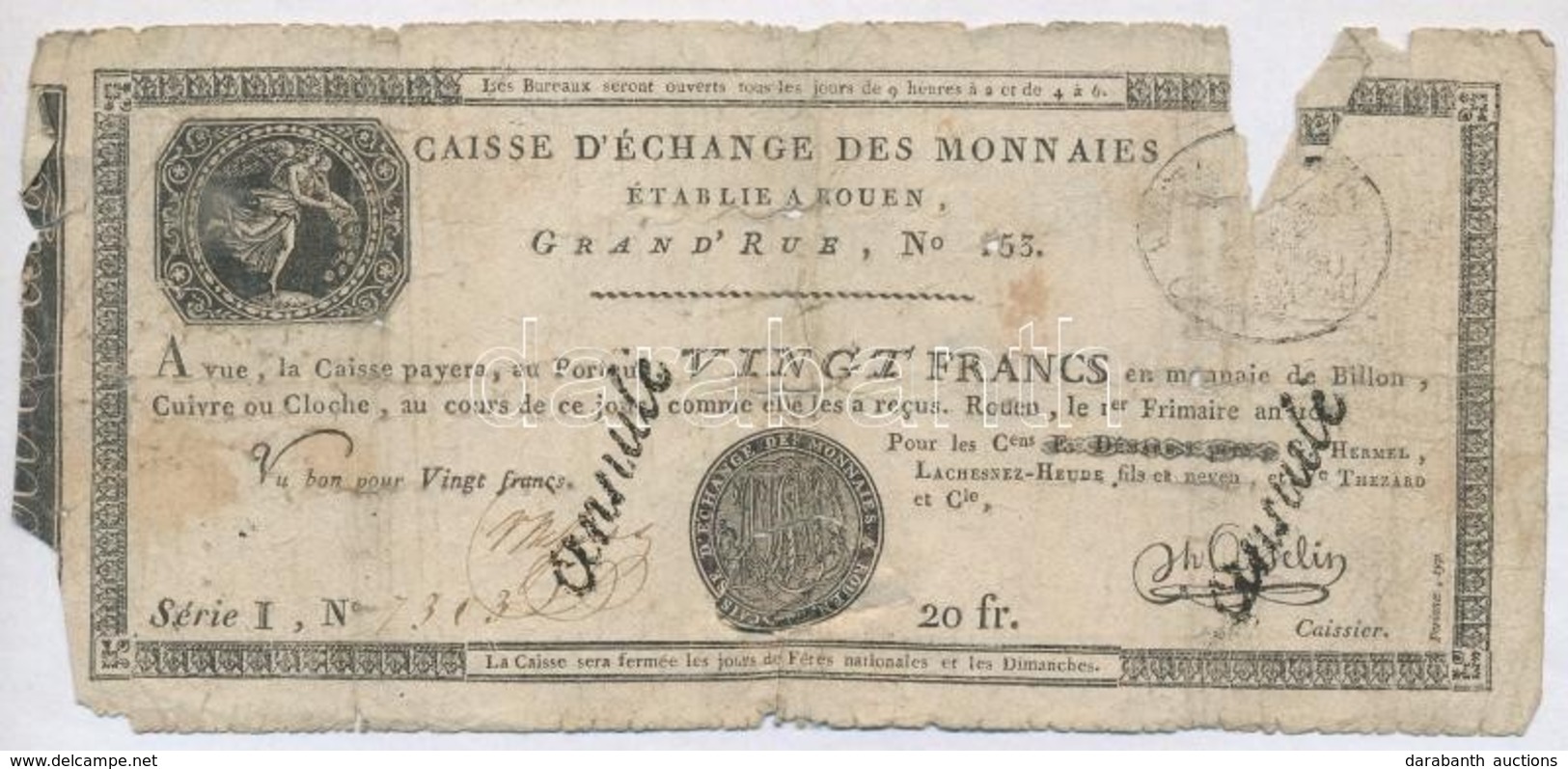 Franciaország / Rouen 1797-1803. 20Fr 'annulé (érvénytelen)' Felülbélyegzéssel T:IV 
France / Rouen 1797-1803. 20 Francs - Ohne Zuordnung