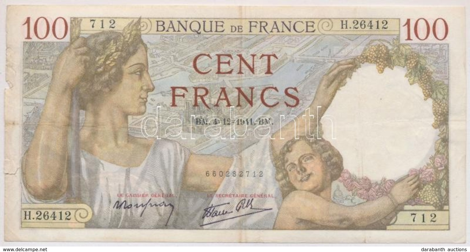 Franciaország 1941. 100Fr T:III,III- Szélén Szakadás
France 1941. 100 Francs C:F,VG Tears On Left Side
Krause 94 - Sin Clasificación