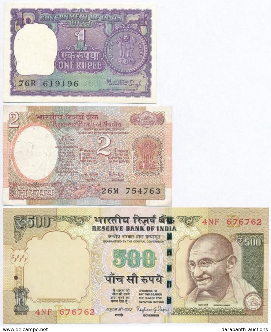 India 1976. 2R + 1984-1985. 1R + 2015. 500R T:I,III T?ly.
India 1976. 2 Rupees + 1984-1985. 2 Rupee + 2015. 500 Rupees C - Unclassified