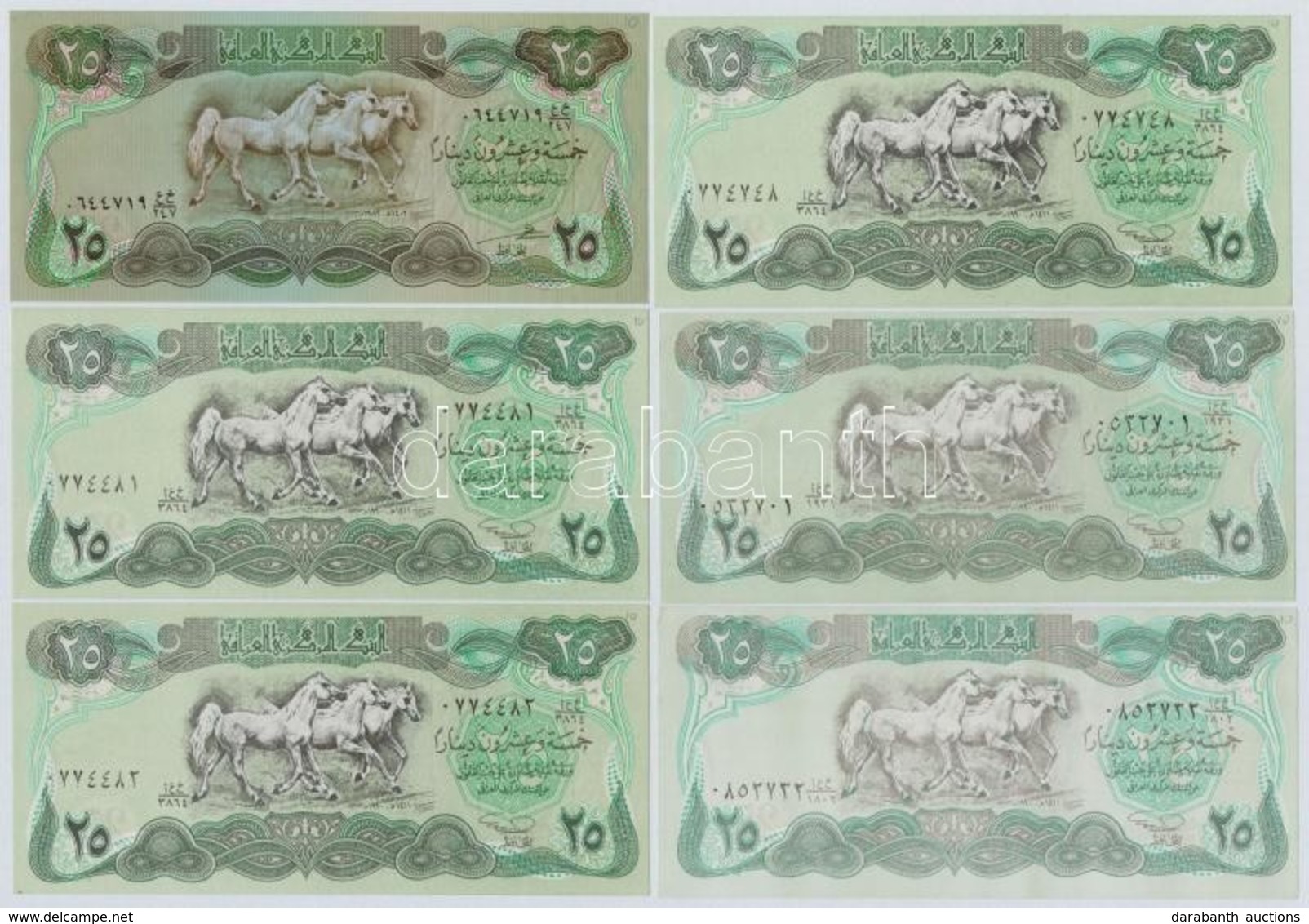 Irak 1982. 25D + 1990. 25D (5x) Közte 2db Sorszámkövet? T:I
Iraq 1982. 25 Dinars + 1990. 25 Dinars (5x) Including 2pcs O - Ohne Zuordnung