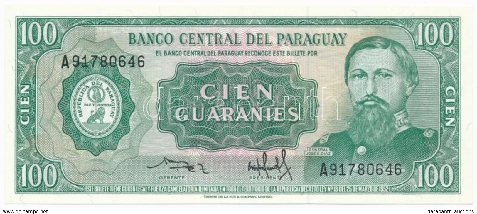 Paraguay 1952. 100G T:I
Paraguay 1952. 100 Guaranies C:UNC
Krause 198 - Ohne Zuordnung