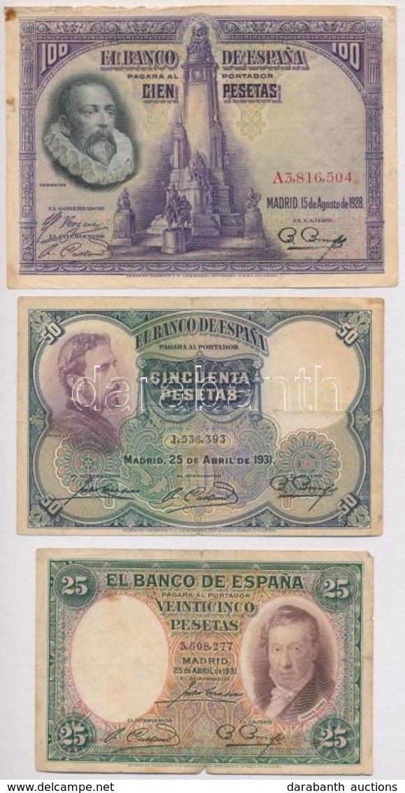 Spanyolország 1928. 1P + 1931. 25P + 50P + 1935. 10P + 1937. 50c + 1P T:III,III-
Spain 1928. 100 Pesetas + 1931. 25 Pese - Ohne Zuordnung