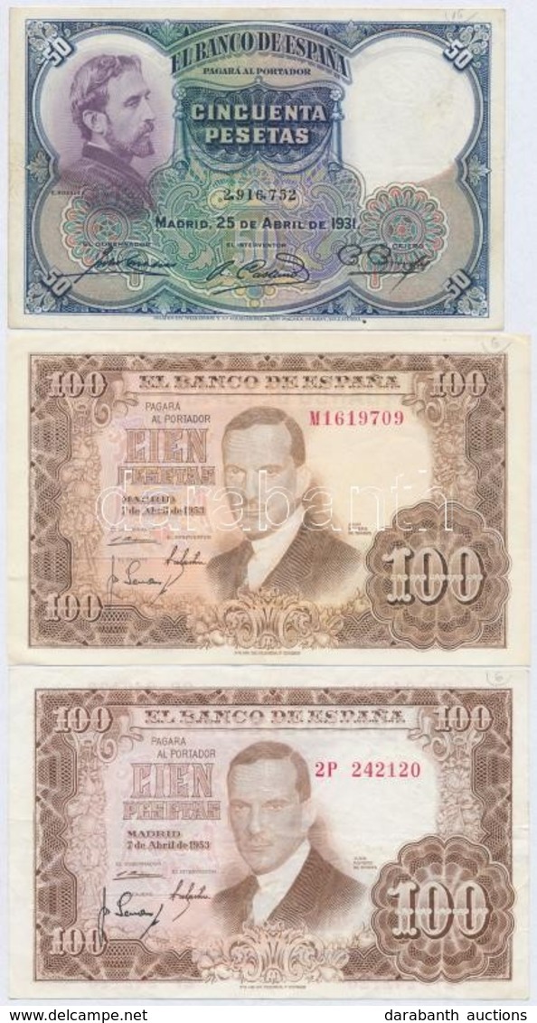 Spanyolország 1931. 50P + 1953. 100P (2x) T:III
Spain 1931. 50 Pesetas + 1953. 100 Pesetas (2x) C:F - Ohne Zuordnung