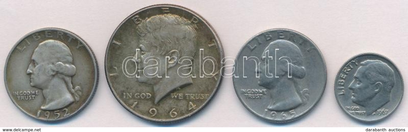 Amerikai Egyesült Államok 1952D 1/4$ Ag 'Washington' + 1964. 1/2$ Ag 'Kennedy' + 1965. 1/4$ Cu-Ni 'Washington' + 1967. 1 - Sin Clasificación