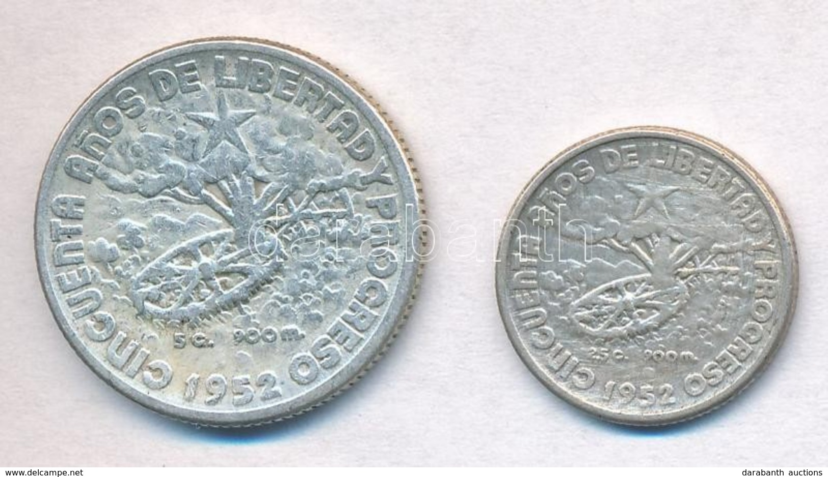 Kuba 1952. 10c Ag 'A Köztársaság ötvenedik éve' + 20c Ag 'A Köztársaság ötvenedik éve' T:2
Cuba 1952. 10 Centavos Ag '50 - Sin Clasificación