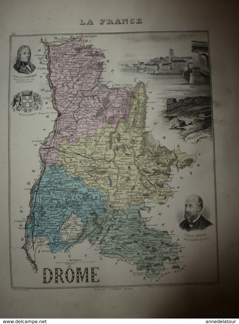 1880 Carte Géographique & Descriptif De La DRÔME (Valence),gravures En Taille Douce Par Migeon, Imprimeur-Géographe - Geographische Kaarten