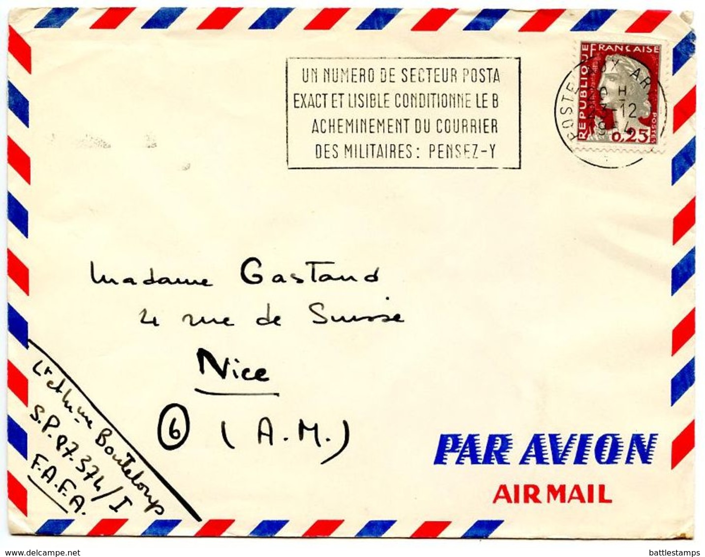 France 1964 Military Cover Poste Aux Armees - S.P. 87.374 To Nice - Cachets Militaires A Partir De 1900 (hors Guerres)