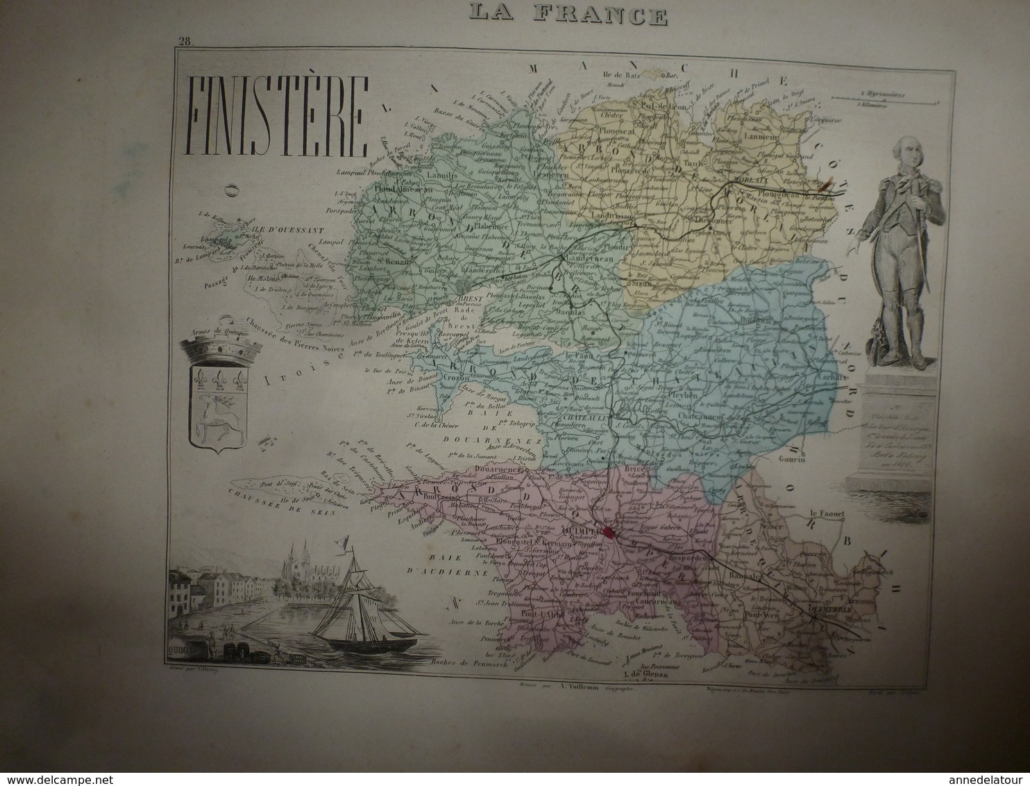 1880 Carte Géographique & Descriptif Du FINISTERE (Quimper, Brest),gravures Taille Douce Par Migeon, Imprimeur-Géographe - Cartes Géographiques