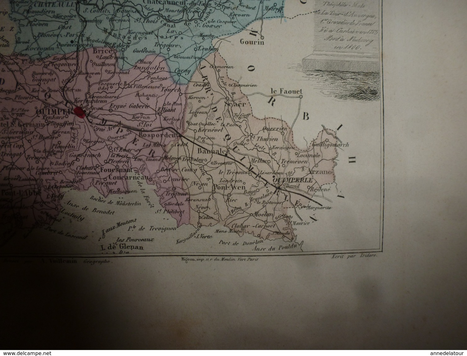 1880 Carte Géographique & Descriptif Du FINISTERE (Quimper, Brest),gravures Taille Douce Par Migeon, Imprimeur-Géographe - Cartes Géographiques