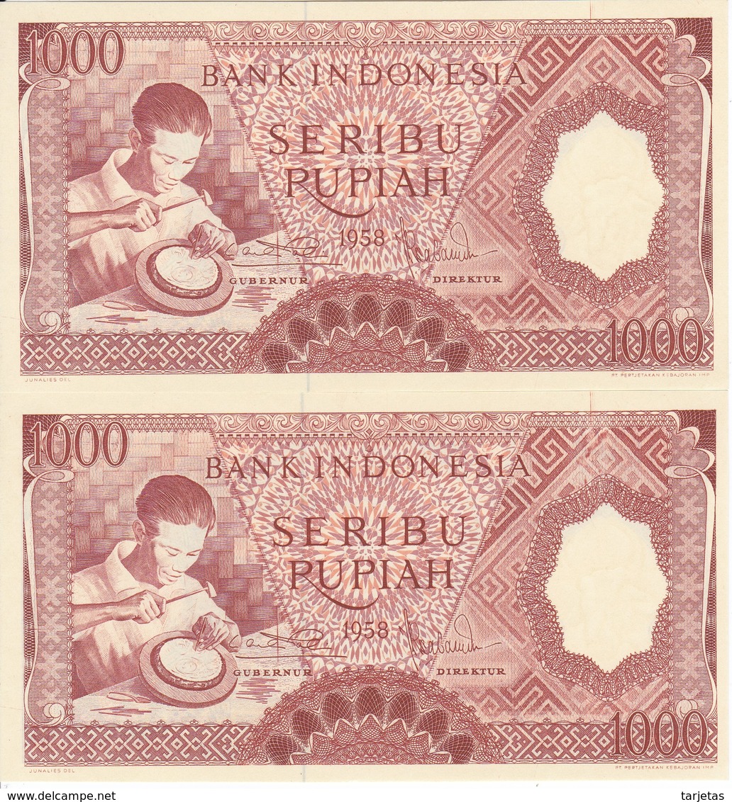 PAREJA CORRELATIVA DE INDONESIA DE 1000 RUPIAH AÑO 1958 ARTESANO   (BANKNOTE) SIN CIRCULAR-UNCIRCULATED - Indonesia