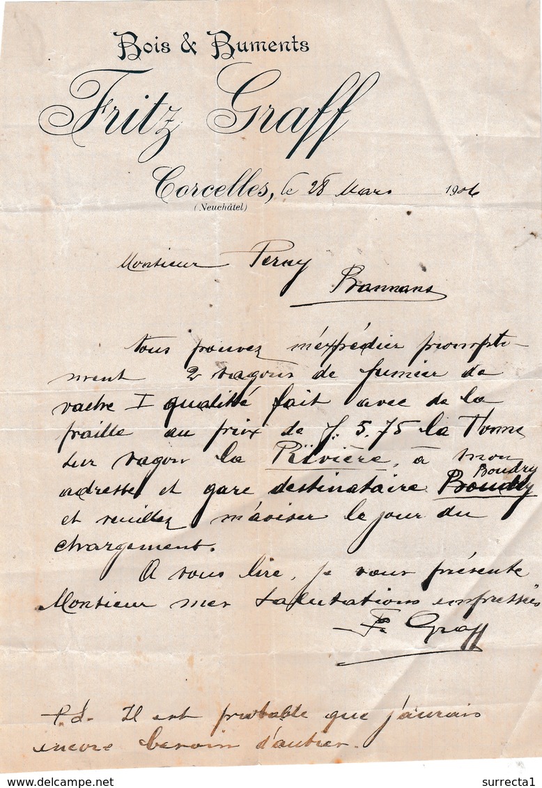 Fcature 1906 / Fritz GRAFF /-Bois & Buments / Corcelles Par Neuchâtel / Suisse / Commande Fumier à Bannans Doubs 25 - Suiza