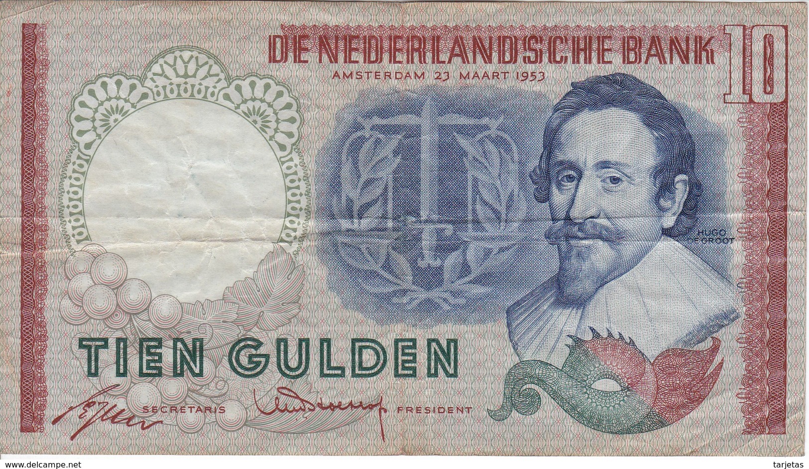 BILLETE DE HOLANDA DE 10 GULDEN DEL AÑO 1953  (BANKNOTE) HUGO DE GROOT - 10 Florín Holandés (gulden)