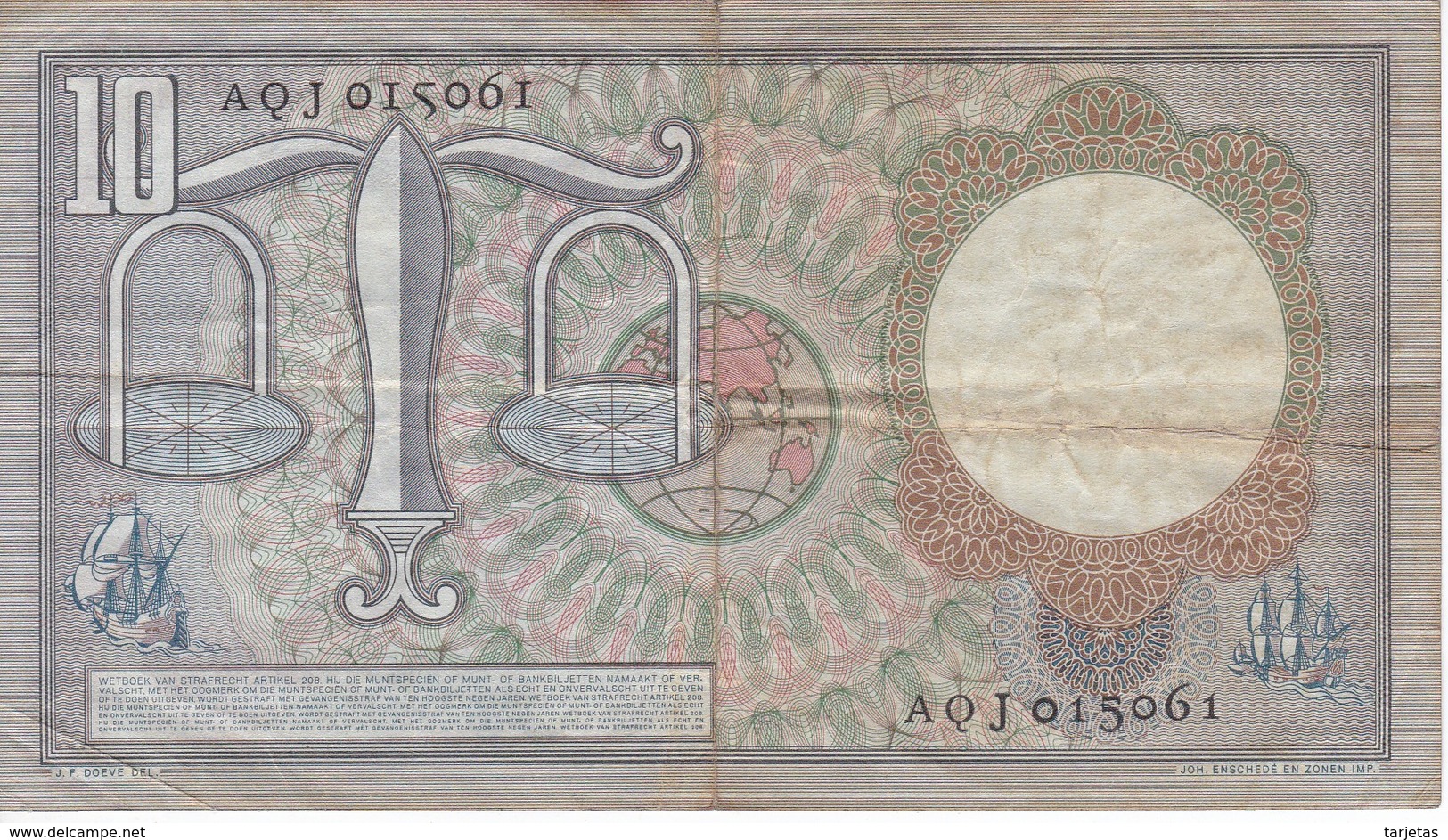 BILLETE DE HOLANDA DE 10 GULDEN DEL AÑO 1953  (BANKNOTE) HUGO DE GROOT - 10 Florín Holandés (gulden)