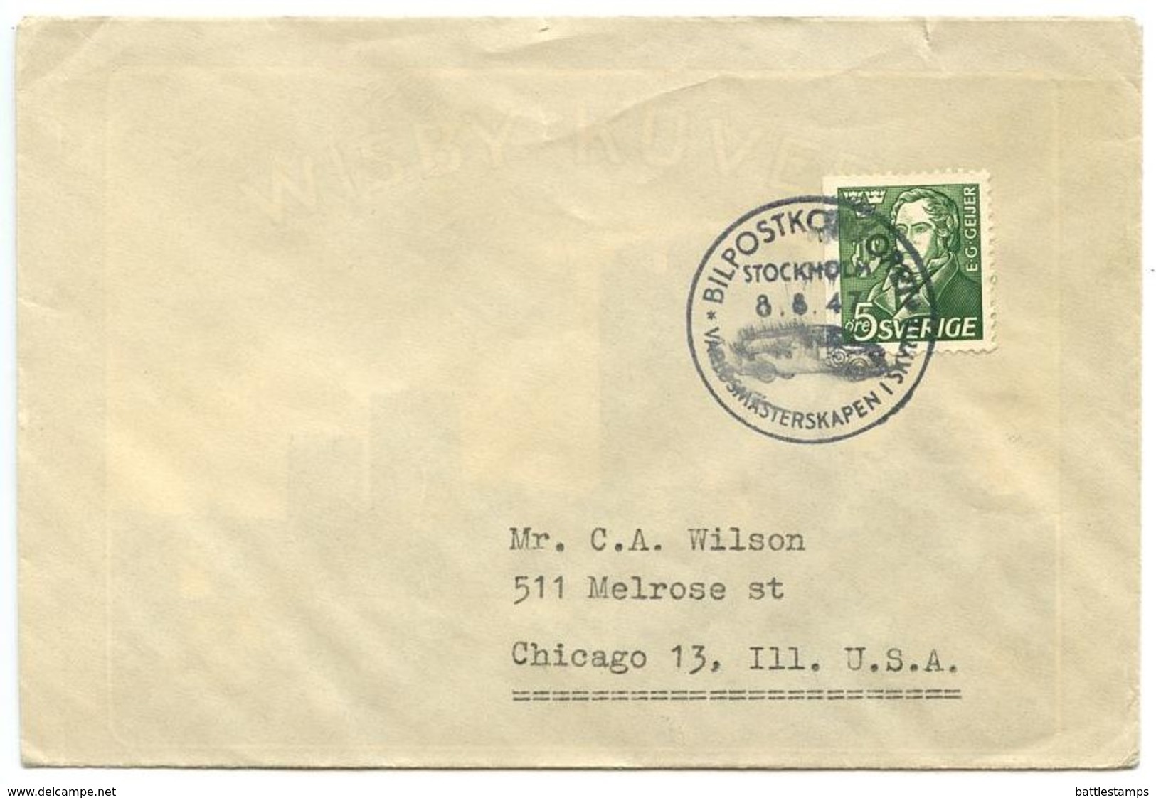 Sweden 1947 Cover Stockholm To U.S. W/ Scott 385 & Bilpostkontoret Postmark - Lettres & Documents