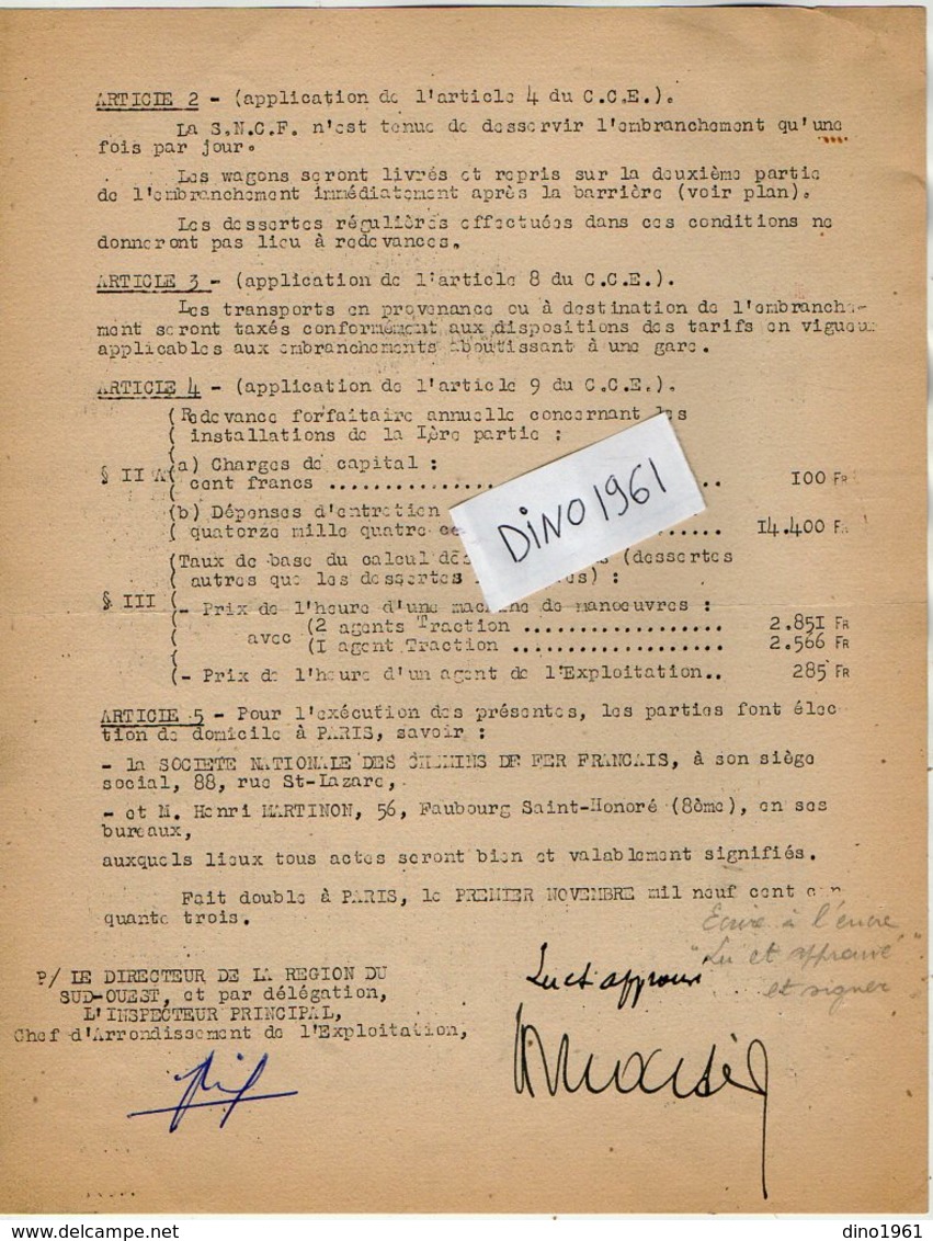 VP12.716 - PARIS - Acte De 1943 - Entre La S.N.C.F Ligne D'ORLEANS à TOURS - Gare De TOURS & Mr H.MARTINON à NANTES - Chemin De Fer