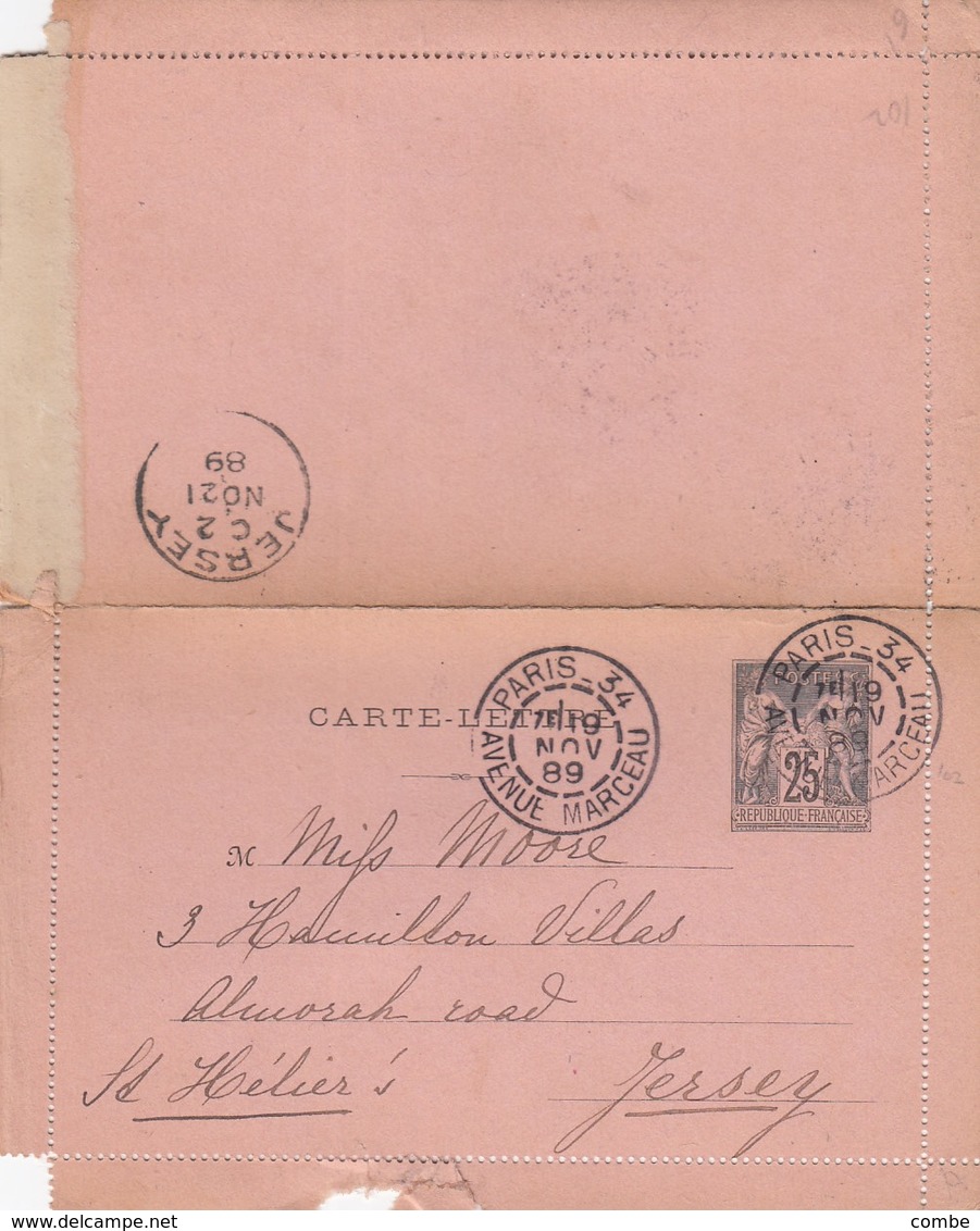 CARTE-LETTRE. ENTIER SAGE 25c. 19 NOV 89. PARIS 34 AV MARCEAU POUR ST HELIER JERSEY. CACHET ARRIVEE JERSEY 21 NOV 89 - Autres & Non Classés