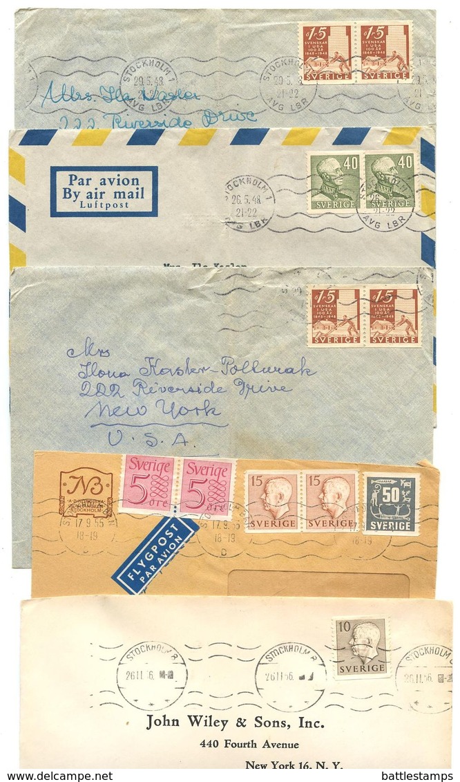 Sweden 1950‘s 5 Covers Stockholm To U.S., Mix Of Stamps - Covers & Documents