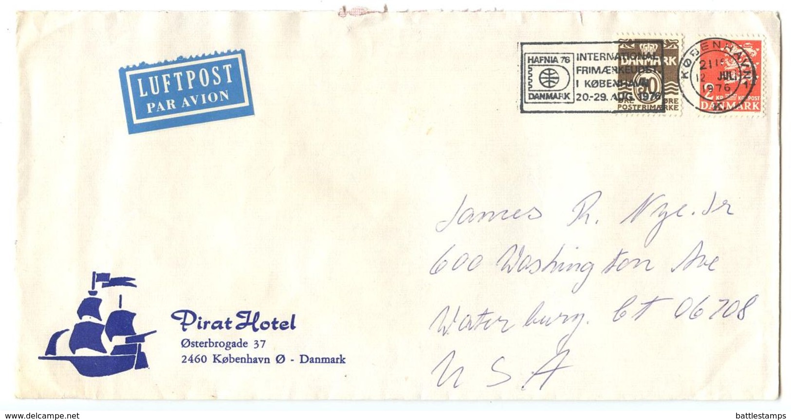 Denmark 1976 Airmail Cover Copenhagen - Pirat Hotel To U.S., HAFNIA 76 Slogan Cancel - Covers & Documents