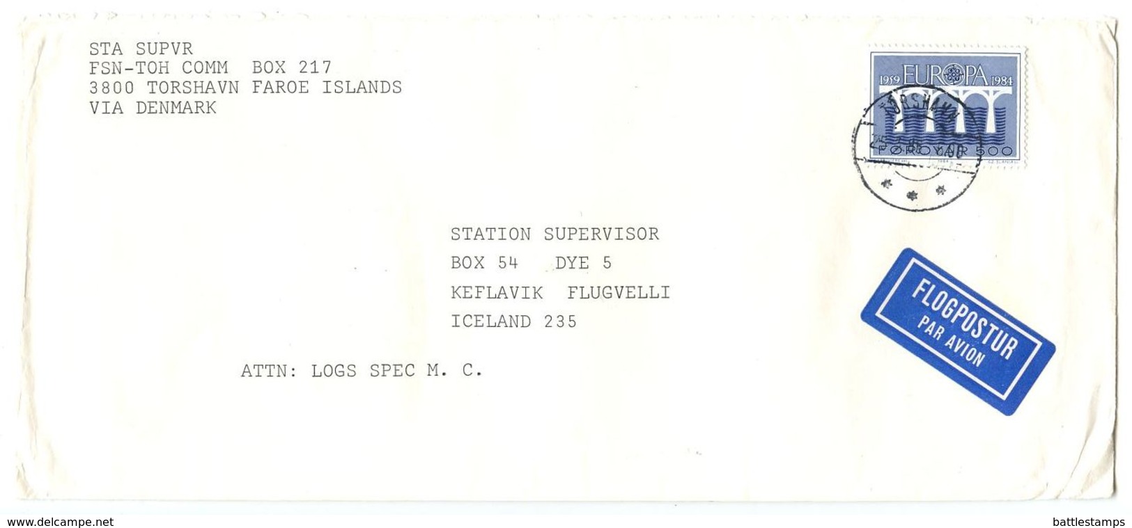 Faroes 1988 Airmail Cover Tórshavn To Keflavik Flugvelli, Iceland W/ Scott 107 Europa - Faroe Islands