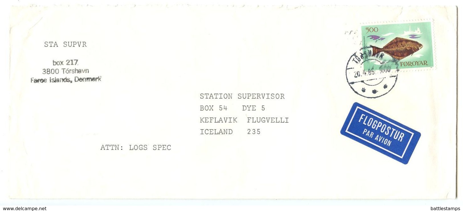 Faroes 1985 Airmail Cover Tórshavn To Keflavik Flugvelli, Iceland W/ Scott 99 Fish - Faroe Islands