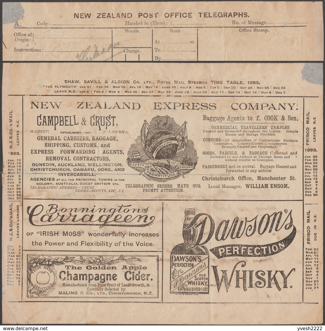 Nouvelle-Zélande 1893. Télégramme Publicitaire. Voilier Train Drapeau Douane Bouteille Whisky, Voix. La Pomme D'or Cidre - Vins & Alcools