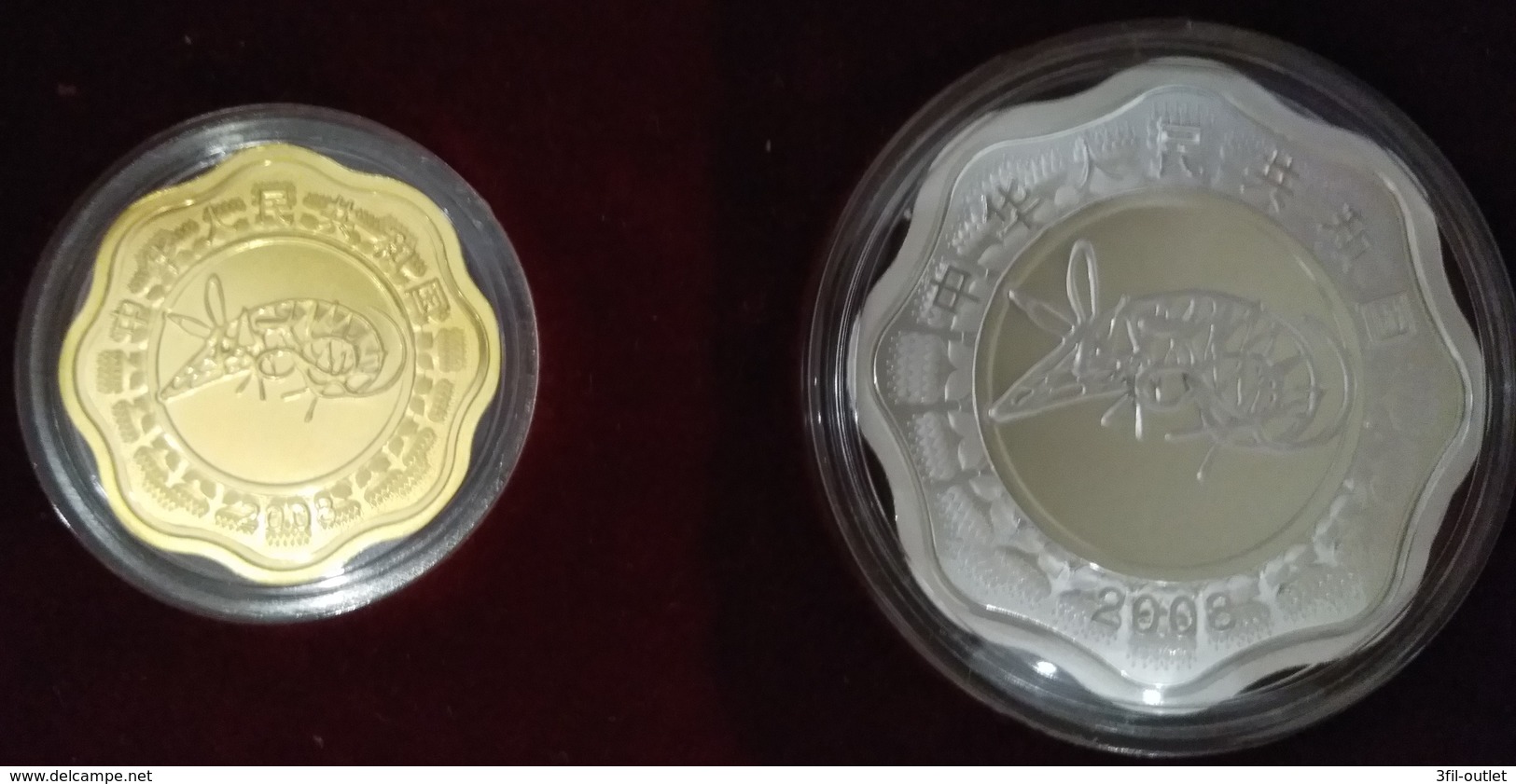 Cina 2008 2pcs Lunar Animal Flower Shape Silver Gold Rat Coin With COA, Original Box - China