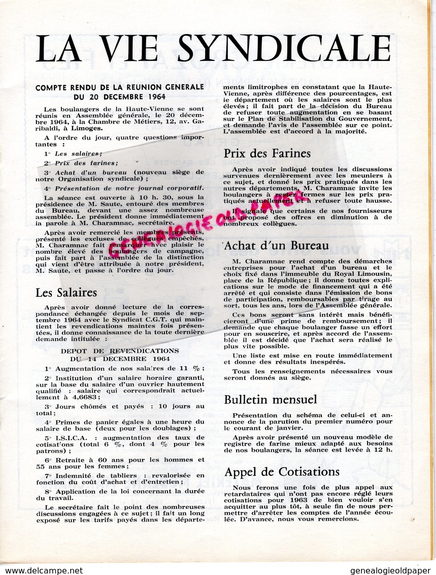 87-LIMOGES-BULLETIN  INFORMATION LE BOULANGER ET PATISSIER LIMOUSINS-BOULANGERIE PATISSERIE- N° 1- 1965-MINOTERIE MAZIN-