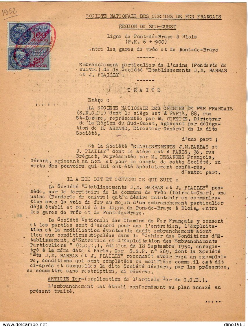 VP12.720 - PARIS - Acte 1952 - Entre La S.N.C.F Ligne De  PONT DE BRAYE à BLOIS - Gare De TROO & Mrs BARBAS & PLAILLY - Ferrovie