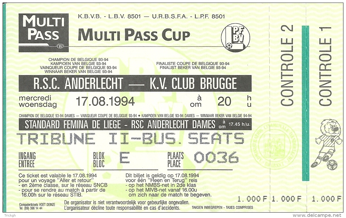 Carte Entrée Supercup 1994 / Anderlecht &gt;&lt; Club Brugge / Business Seats - Andere & Zonder Classificatie