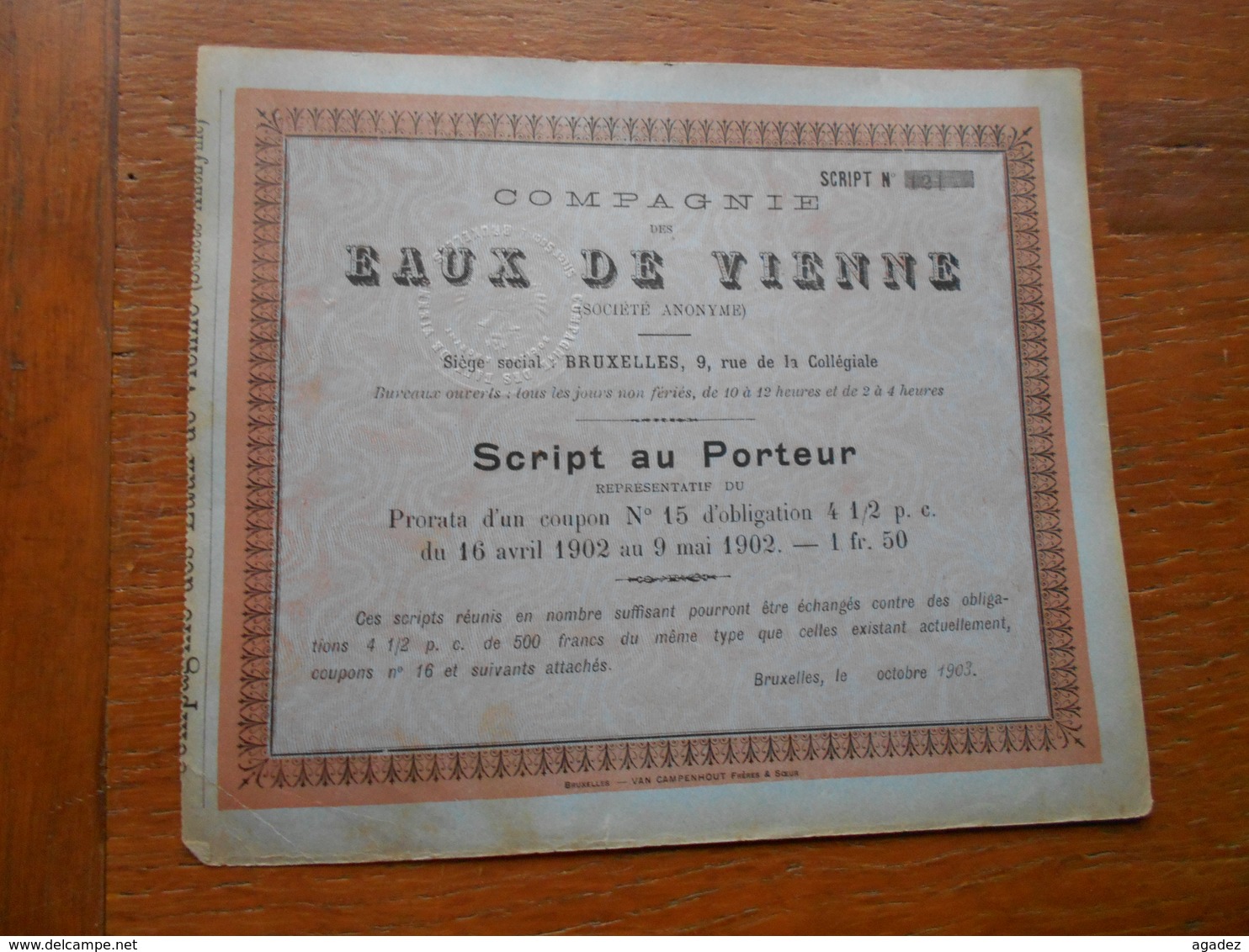 Script"Cie Des Eaux De Vienne"1903 Bruxelles Wien Wasser.N° 121 - Eau