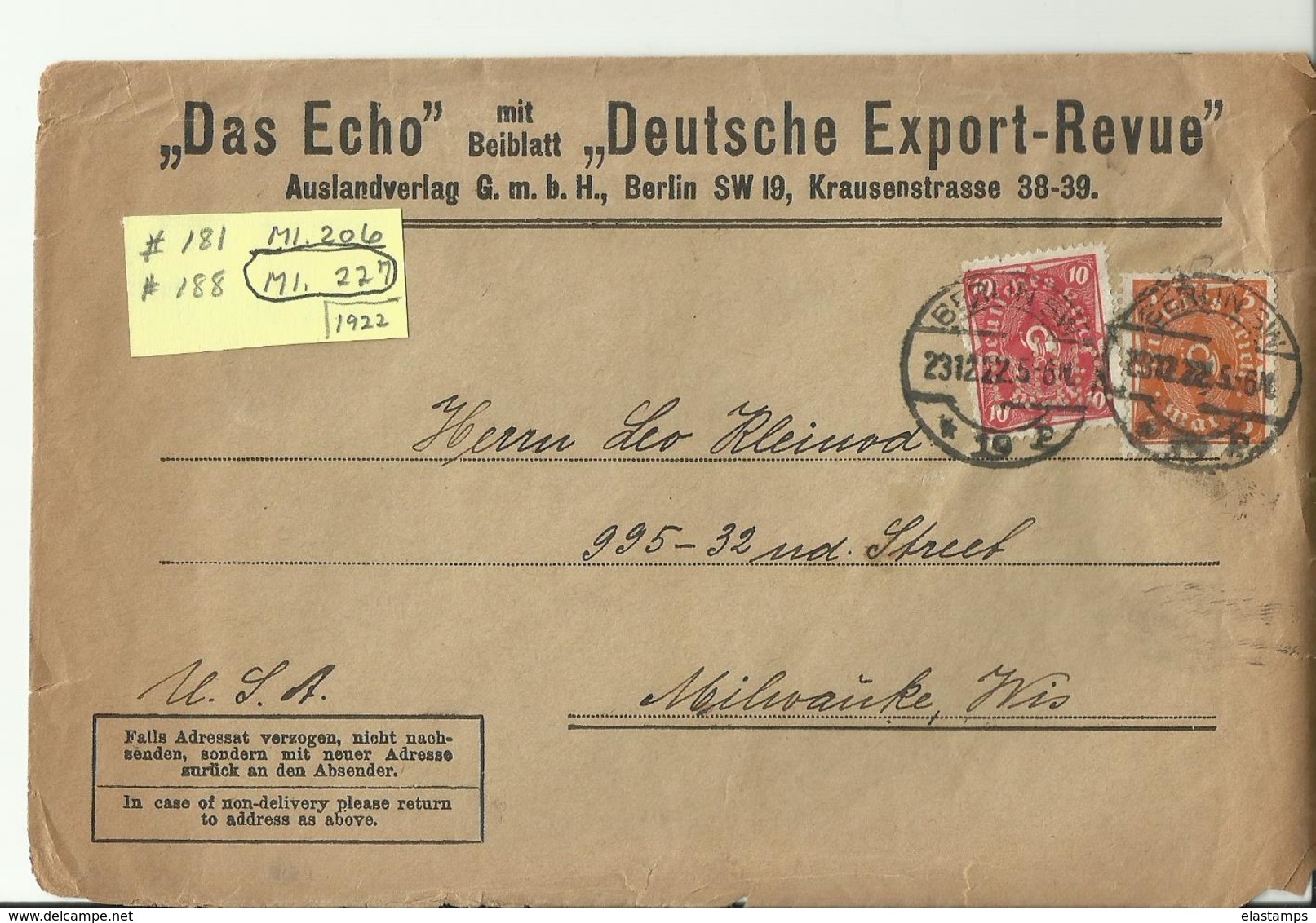 DR CV 1922 BERLIN NACH USA - Briefe U. Dokumente