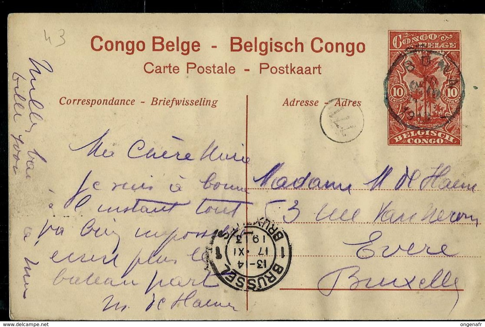 Carte Obl.  N° 43 Vue 28. Huilerie Au Bord Du Fleuve ... Obl. Boma  Pour Bxl 17/11/1913 - Postwaardestukken