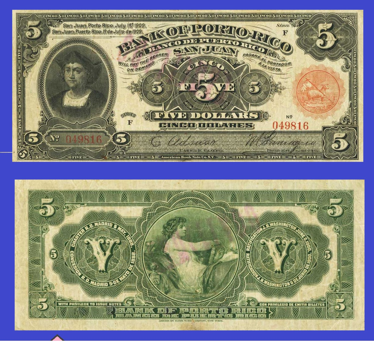 Puerto Rico  5 Dollars 1909  - REPLICA --  REPRODUCTION - Puerto Rico