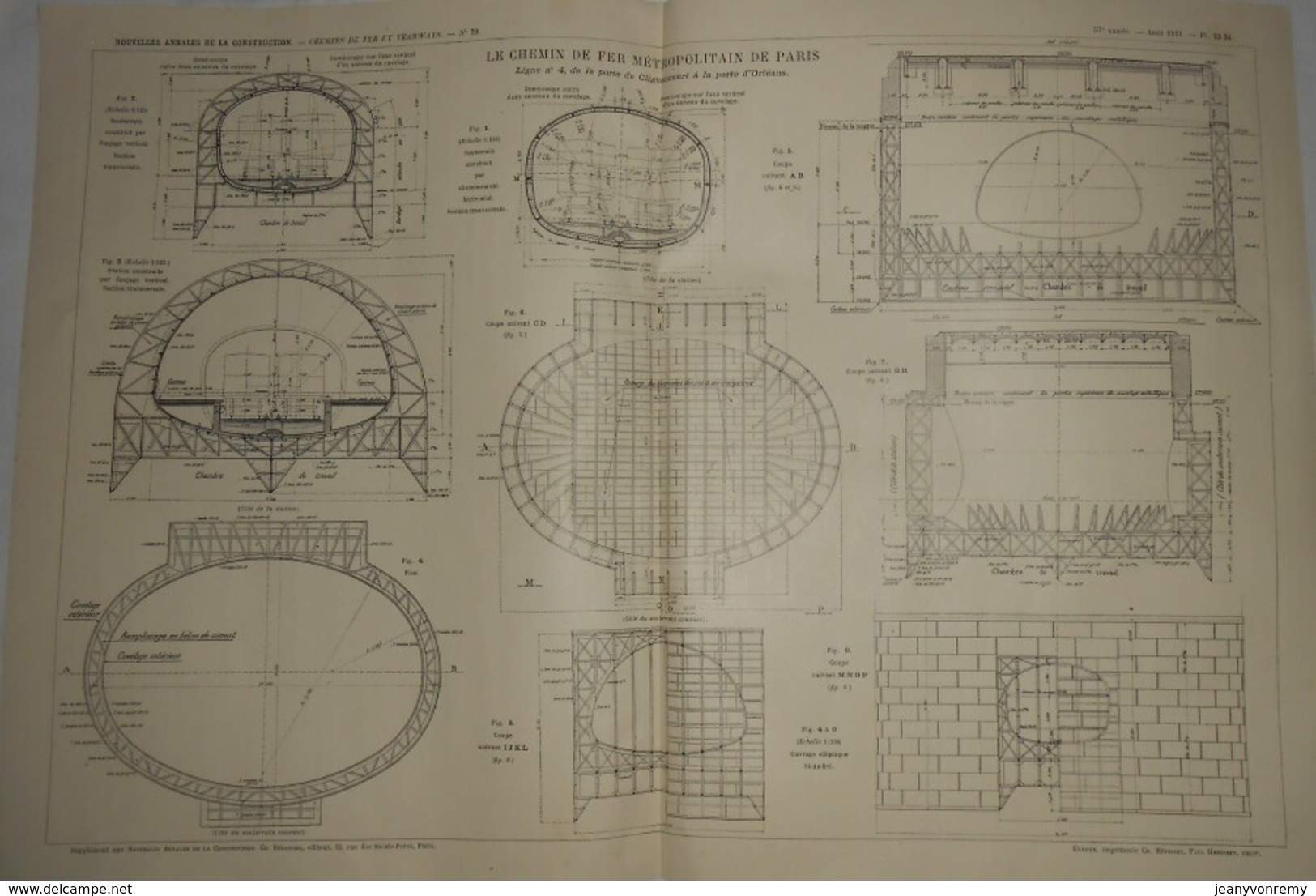 Plan Du Chemin De Fer Métropolitain De Paris.Ligne N°4. De La Porte De Clignancourt à La Porte D'Orléans. 1911 - Travaux Publics