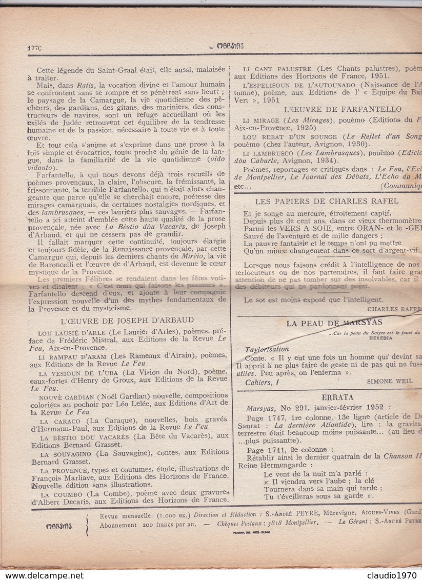 GIORNALE FRANCESE - MARSYAS - TRENTE - DEUXIE'ME  ANNE'E - N° 292 - 1952 - 1950 - Heute