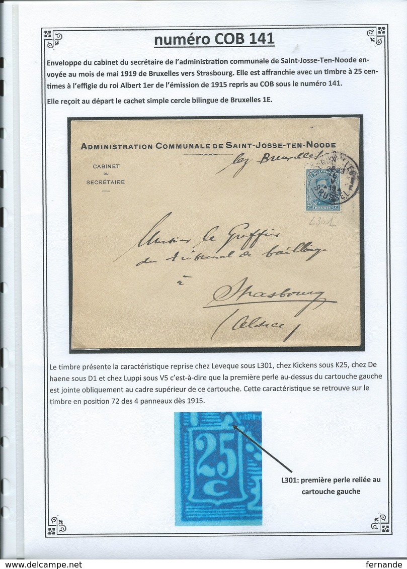 Emission 1915: Enveloppe De Mai 1919 Avec Numero 141 Avec V5 - 1915-1920 Albert I